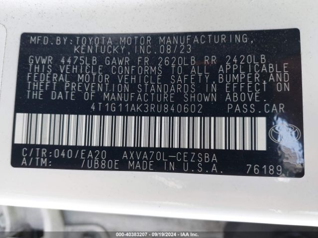 4T1G11AK3RU840602 Toyota CAMRY SE