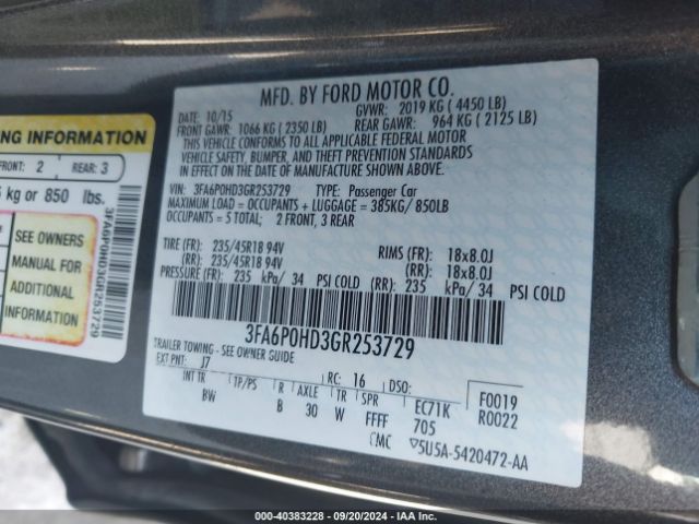 3FA6P0HD3GR253729 Ford FUSION SE