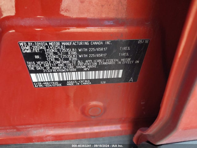 Toyota RAV4 LE 2016 2T3ZFREVXGW281888 Image 9
