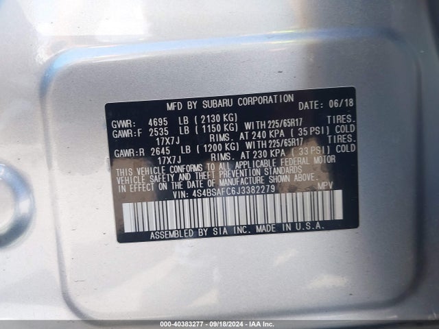 Subaru Outback 2.5i Premium 2018 4S4BSAFC6J3382279 Image 9