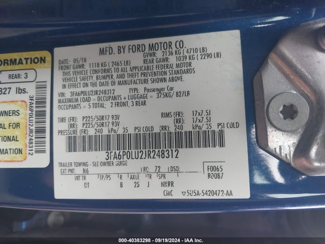 Ford Fusion Hybrid Se 2018 3FA6P0LU2JR248312 Image 9