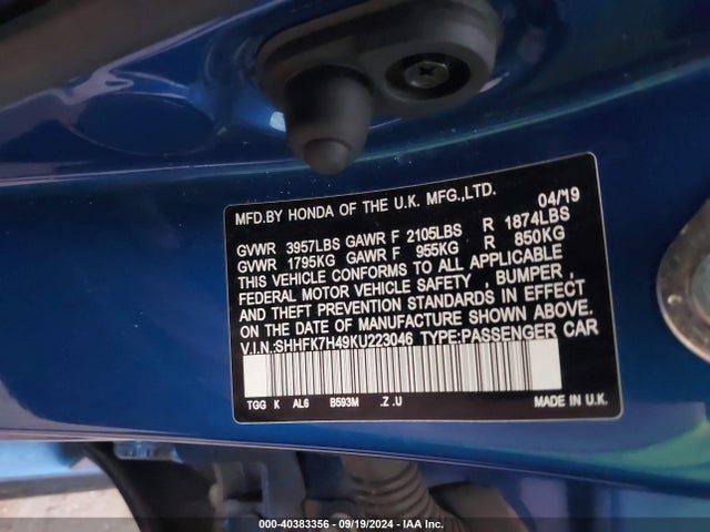 SHHFK7H49KU223046 Honda Civic Sport