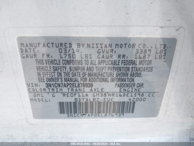 3N1CN7AP2EL876939 Nissan Versa 1.6 S/1.6 S+/1.6 Sl/1.6 Sv