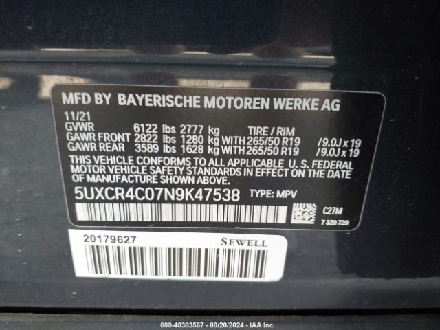 5UXCR4C07N9K47538 BMW X5 Sdrive40i