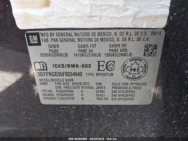 3GYFNGE35FS534940 Cadillac Srx Premium Collection