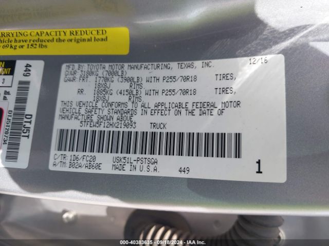 5TFEW5F12HX219093 Toyota Tundra Sr5 5.7l V8
