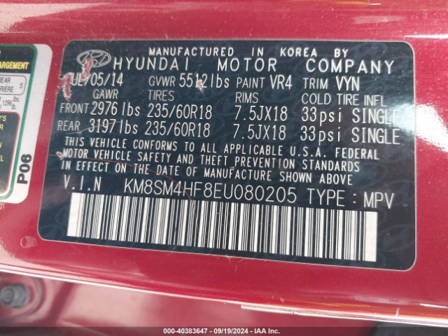 KM8SM4HF8EU080205 Hyundai Santa Fe Gls