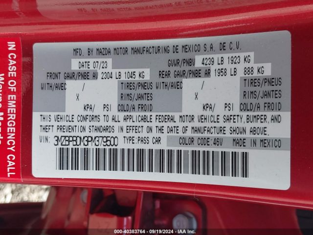 3MZBPBDM3PM379500 Mazda Mazda3 2.5 S Premium