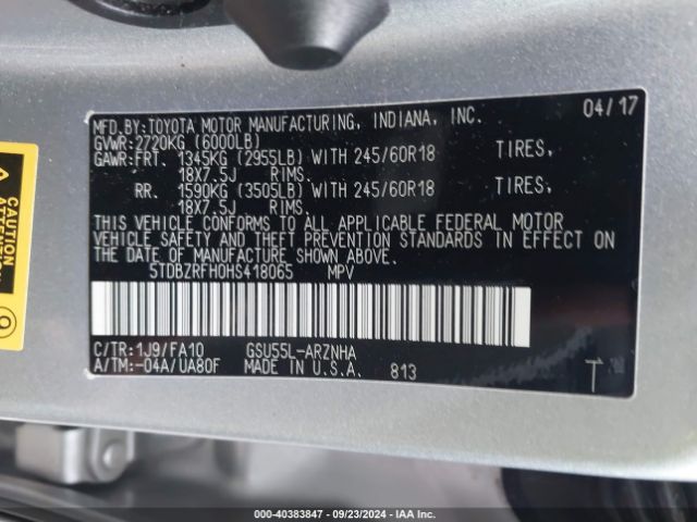 5TDBZRFH0HS418065 Toyota Highlander Le Plus