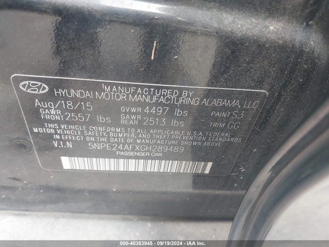 Hyundai SONATA SE 2016 5NPE24AFXGH289489 Image 9