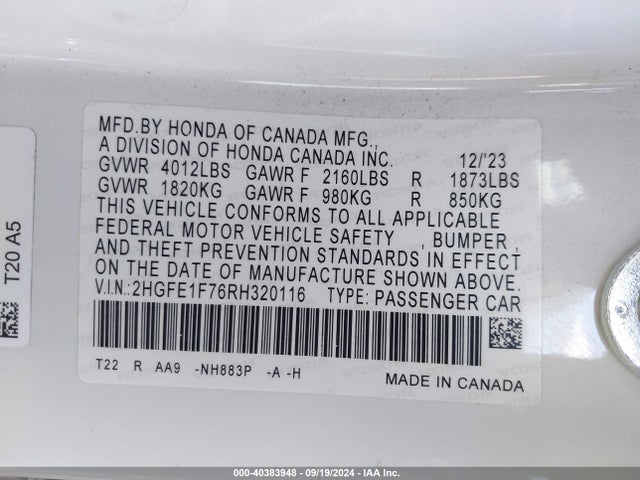 Honda CIVIC EX 2024 2HGFE1F76RH320116 Image 9