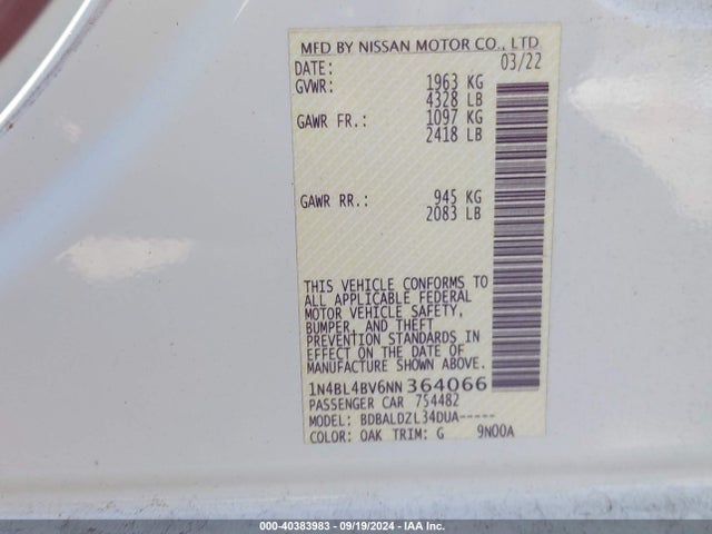 1N4BL4BV6NN364066 Nissan Altima S Fwd