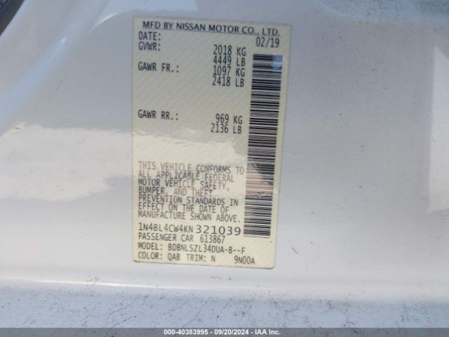 1N4BL4CW4KN321039 Nissan Altima 2.5 Sr