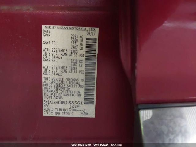 5N1AZ2MH1HN188561 Nissan MURANO SV