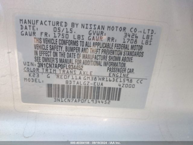 3N1CN7AP0FL934452 Nissan Versa 1.6 Sl