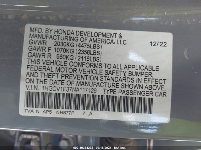 Honda Accord Sport 2022 1HGCV1F37NA117129 Image 9