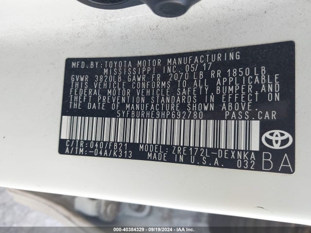 Toyota COROLLA LE 2017 5YFBURHE9HP692780 Image 9
