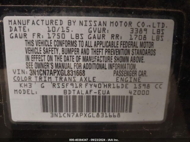3N1CN7APXGL831668 Nissan Versa 1.6 S