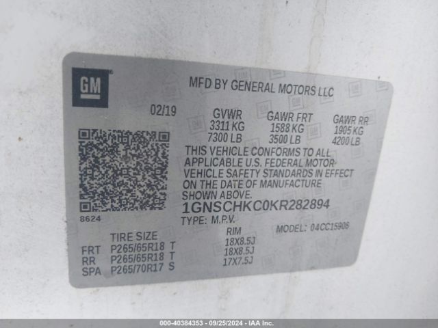 1GNSCHKC0KR282894 Chevrolet Suburban Lt