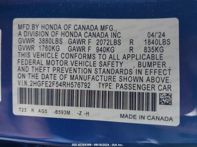 Honda Civic Sport 2024 2HGFE2F54RH576792 Image 9