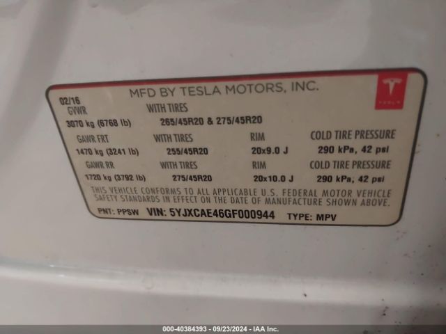 5YJXCAE46GF000944 Tesla Model X 60d/p100d/p90d
