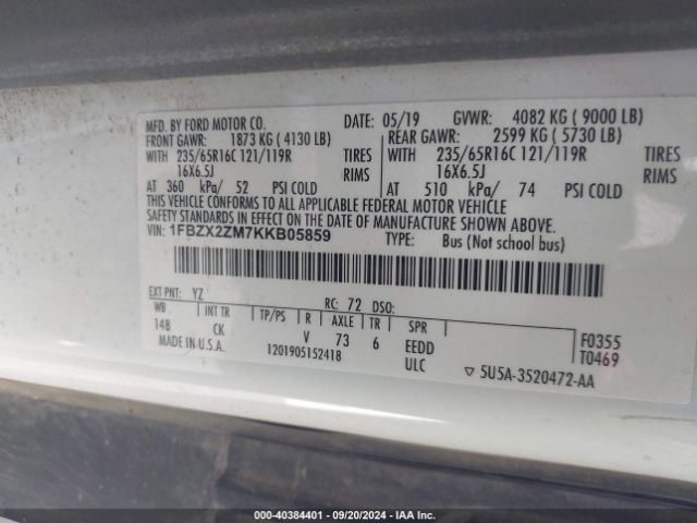 1FBZX2ZM7KKB05859 Ford Transit-350 Xlt