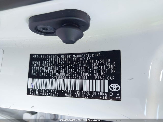 Aukcja sprzedaży 2017 Toyota Corolla L, vin: 5YFBURHE3HP730164, numer aukcji: 40384402