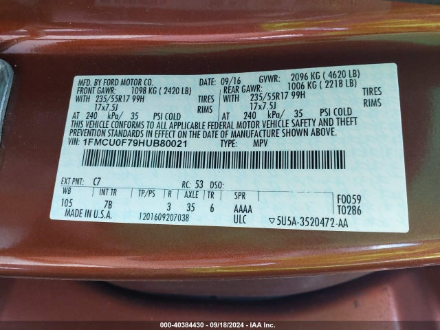 Ford ESCAPE S 2017 1FMCU0F79HUB80021 Image 9
