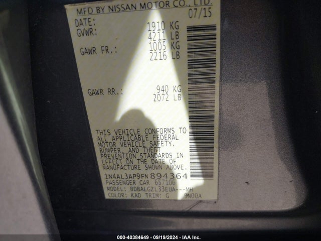 Nissan Altima 2.5 S 2015 1N4AL3AP9FN894364 Image 9