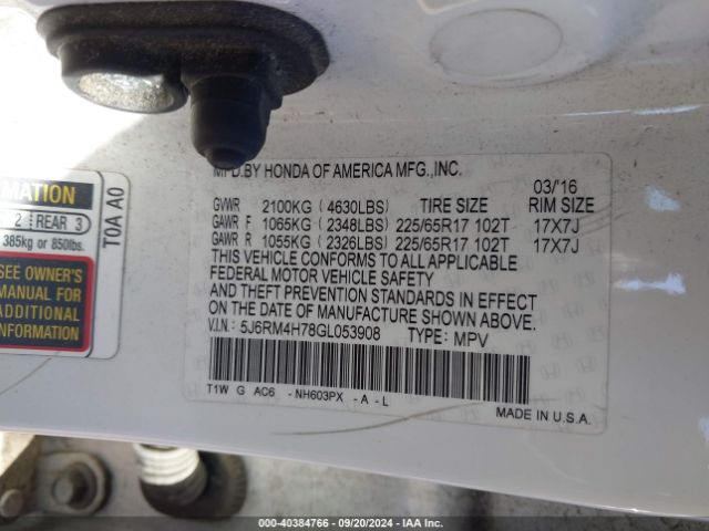 5J6RM4H78GL053908 Honda Cr-v Ex-l