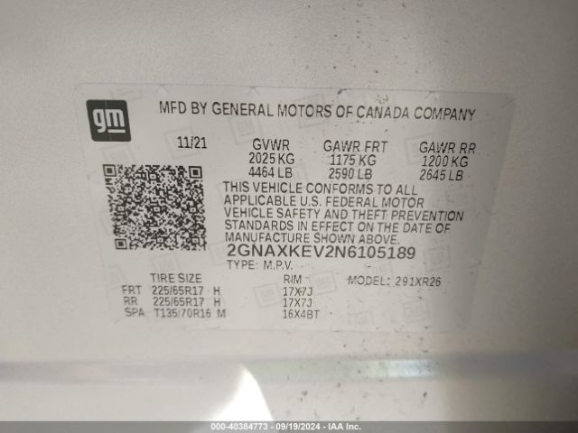 2GNAXKEV2N6105189 Chevrolet Equinox Fwd Lt