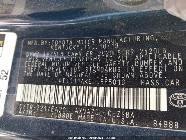 Toyota CAMRY SE 2020 4T1G11AK6LU885816 Image 9