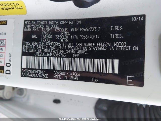 Toyota 4RUNNER SR5 2015 JTEZU5JR4F5089763 Image 9