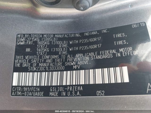 5TDKZ3DC1LS033000 Toyota SIENNA LE