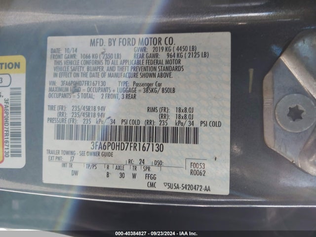 Ford FUSION SE 2015 3FA6P0HD7FR167130 Image 9