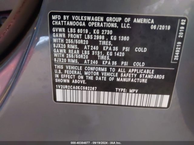 1V2UR2CA0KC582267 Volkswagen Atlas 3.6l V6 Se W/technology