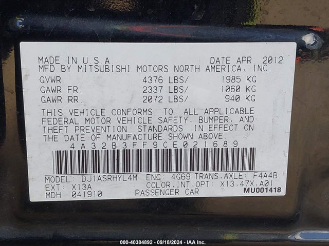 2012 MITSUBISHI GALANT 4A32B3FF9CE021689 Photo 8