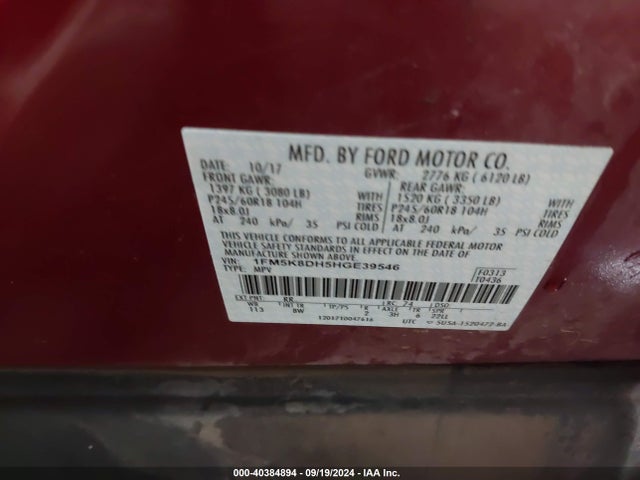 Ford EXPLORER XLT 2017 1FM5K8DH5HGE39546 Image 9