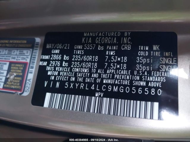 5XYRL4LC9MG056580 KIA SORENTO S