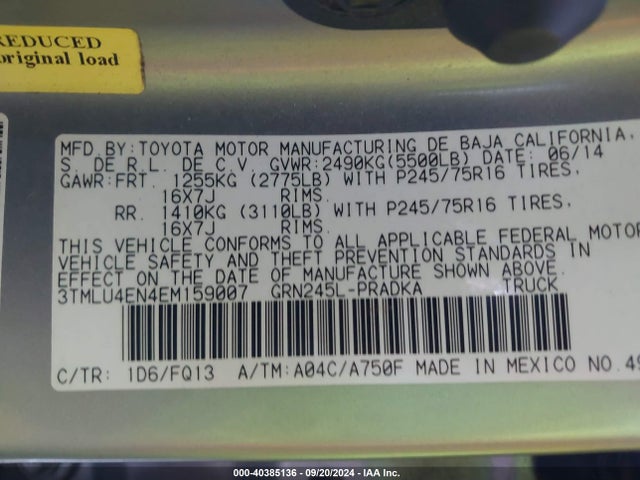 Toyota Tacoma Base V6 2014 3TMLU4EN4EM159007 Image 9