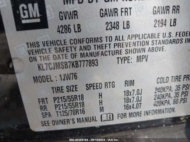 Chevrolet Trax Premier 2019 KL7CJMSB7KB777893 Image 9