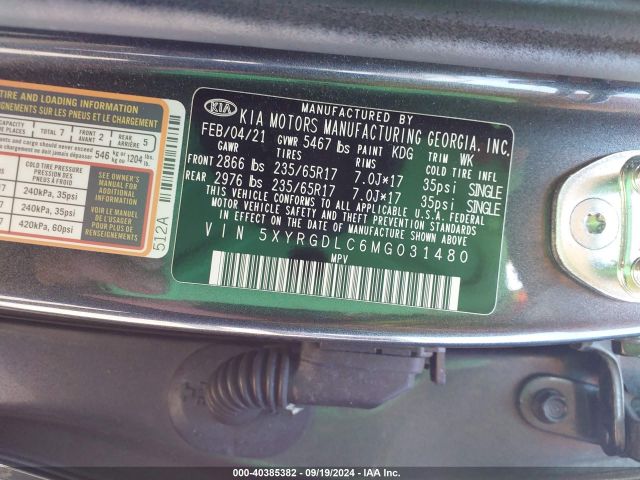 5XYRGDLC6MG031480 KIA SORENTO LX