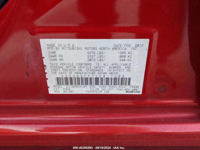 2012 MITSUBISHI GALANT 4A32B2FF7CE017909 Photo 8