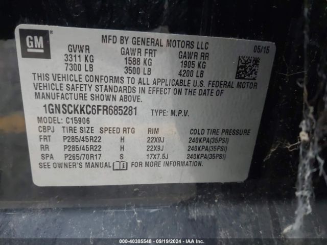 1GNSCKKC6FR685281 Chevrolet Suburban 1500 Ltz