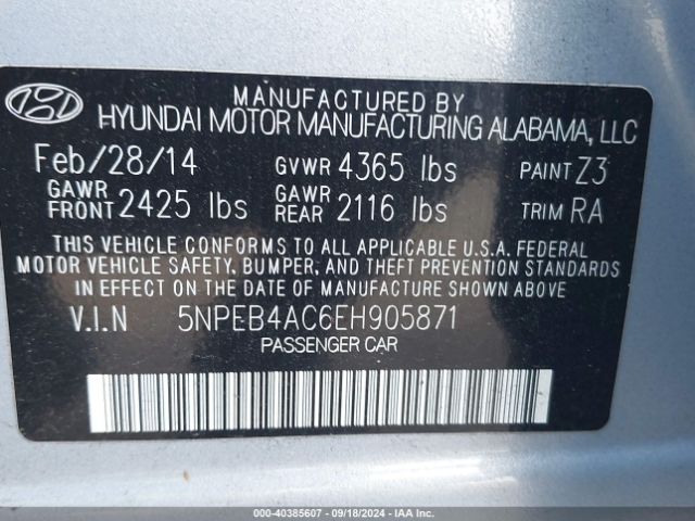 5NPEB4AC6EH905871 Hyundai SONATA GLS
