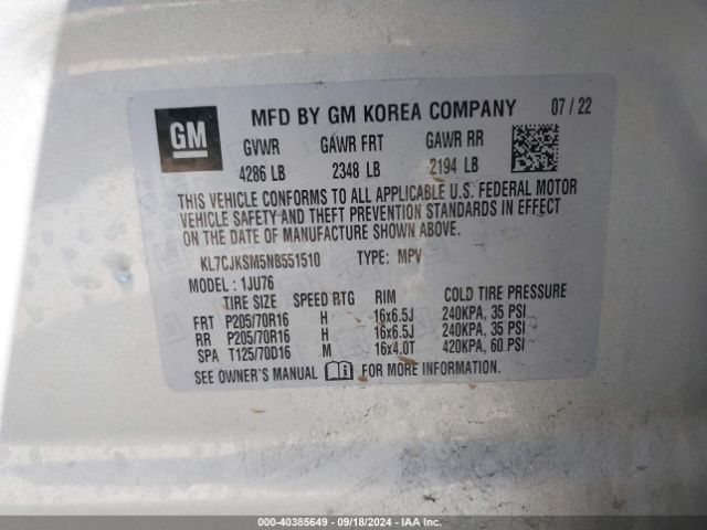 KL7CJKSM5NB551510 Chevrolet Trax Fwd Ls