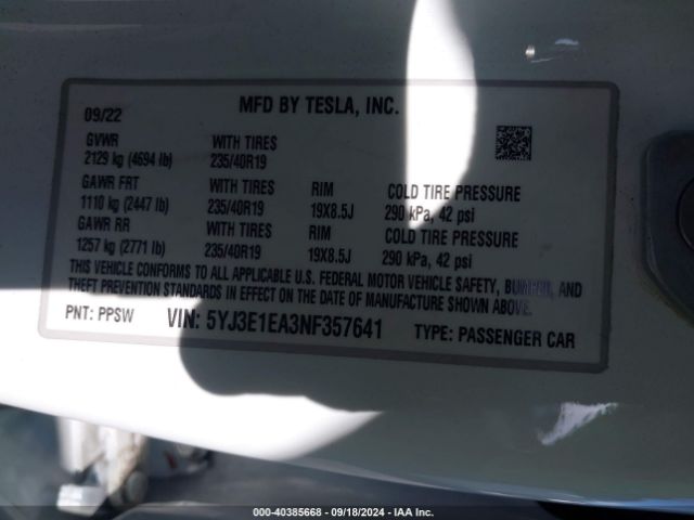 5YJ3E1EA3NF357641 Tesla MODEL 3