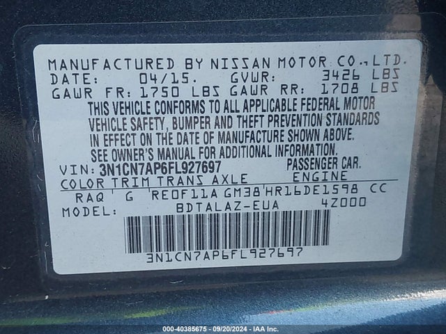 Nissan Versa 1.6 S+ 2015 3N1CN7AP6FL927697 Image 9