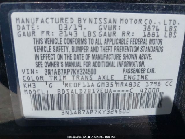 3N1AB7AP7KY324500 Nissan SENTRA SV