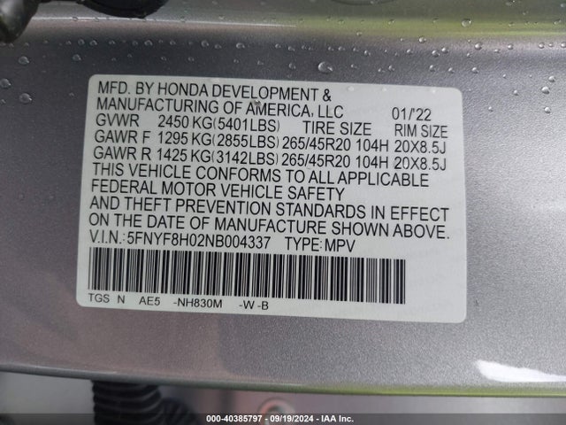 Honda Passport Awd Elite 2022 5FNYF8H02NB004337 Image 9